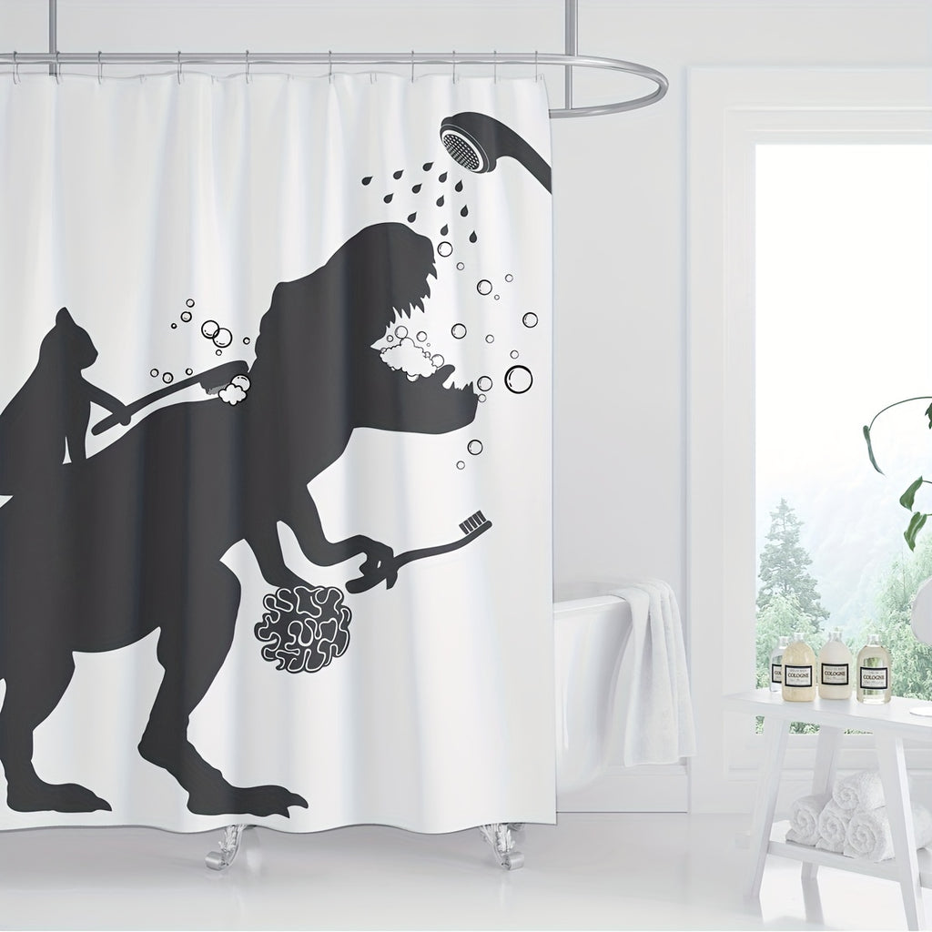 Cat Dinosaur Shower Curtain Funny Cat Help Dino Bathe For Boys Trex Silhouette Shadow Black White Bathroom Waterproof Polyester Fabric 60Wx72L Inch With 12pcs Plastic Hooks