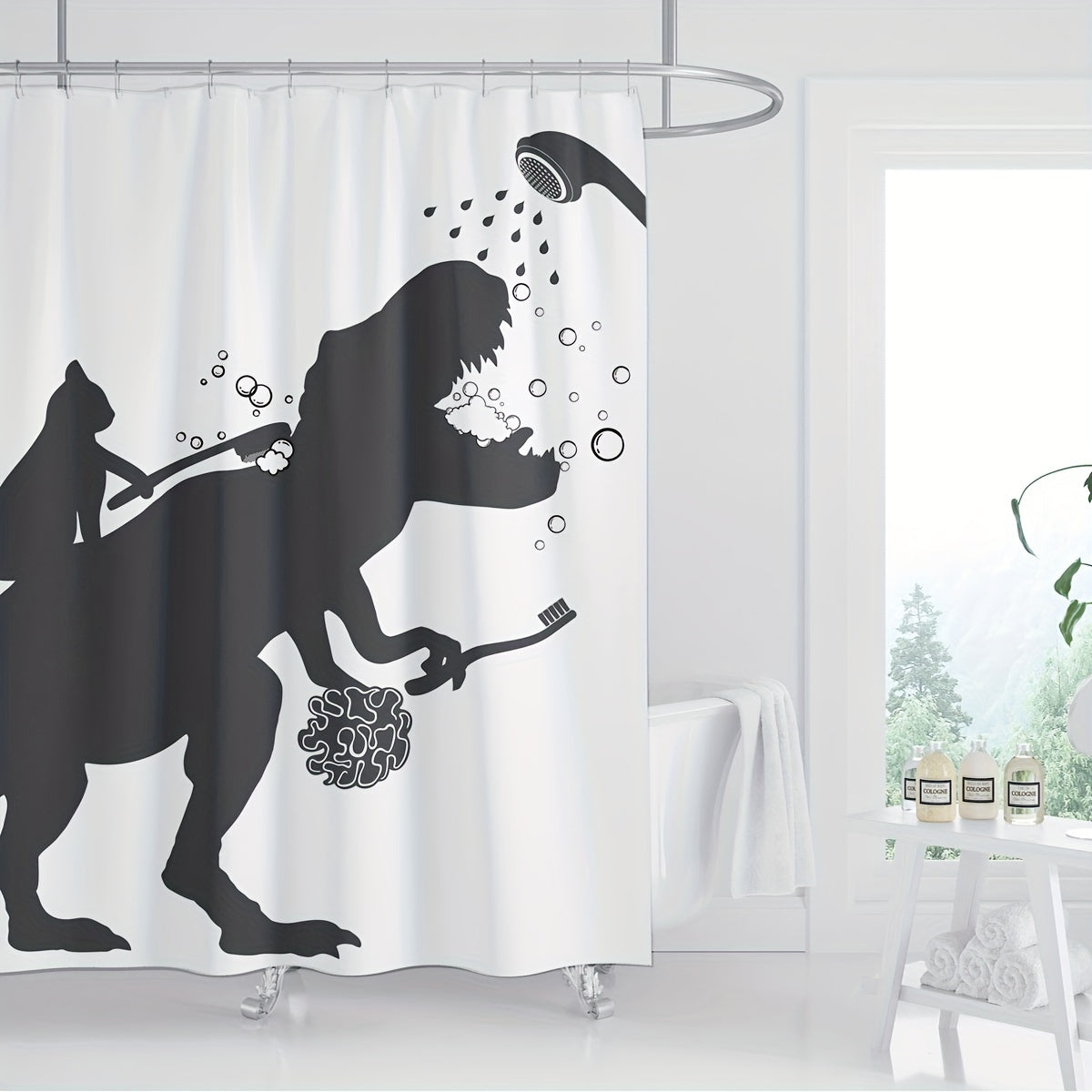 Cat Dinosaur Shower Curtain Funny Cat Help Dino Bathe For Boys Trex Silhouette Shadow Black White Bathroom Waterproof Polyester Fabric 60Wx72L Inch With 12pcs Plastic Hooks