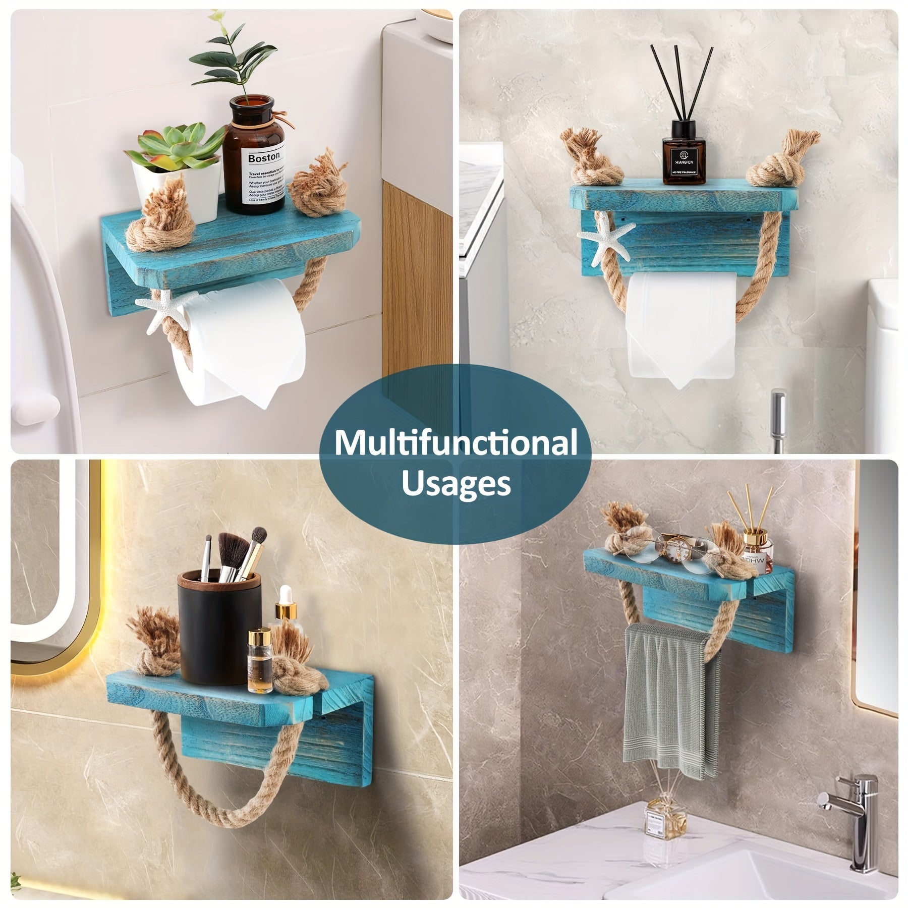 Blue Farmhouse Coastal Beach Rope Toilet Paper Holder with Wood Shelf - Unique Rustic Wall Mount Towel Rack Tissue Roll Holder