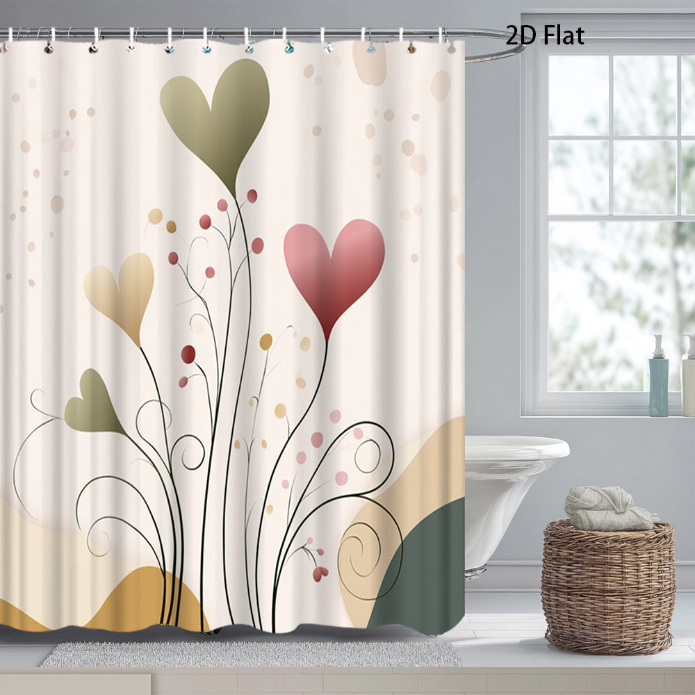 1pc 2D Flat Valentine Day Shower Curtain | Heart Floral Design Modern Artistic Theme, Polyester Fabric, 70.8x70.8 Inch with 12 Hooks, Machine Washable, Elegant Home Aesthetic