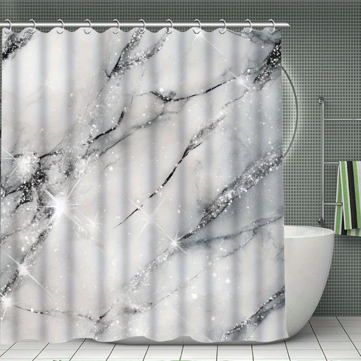 Set of 4pcs Featuring a Starry Stone Design for a Shower Curtain, Designed to Be for Bathtub Separation, Includes a Bathroom Partition Curtain with 12 Hooks, a Non-Slip, a U-Shaped for The Toilet, a Cover for The Toilet Lid