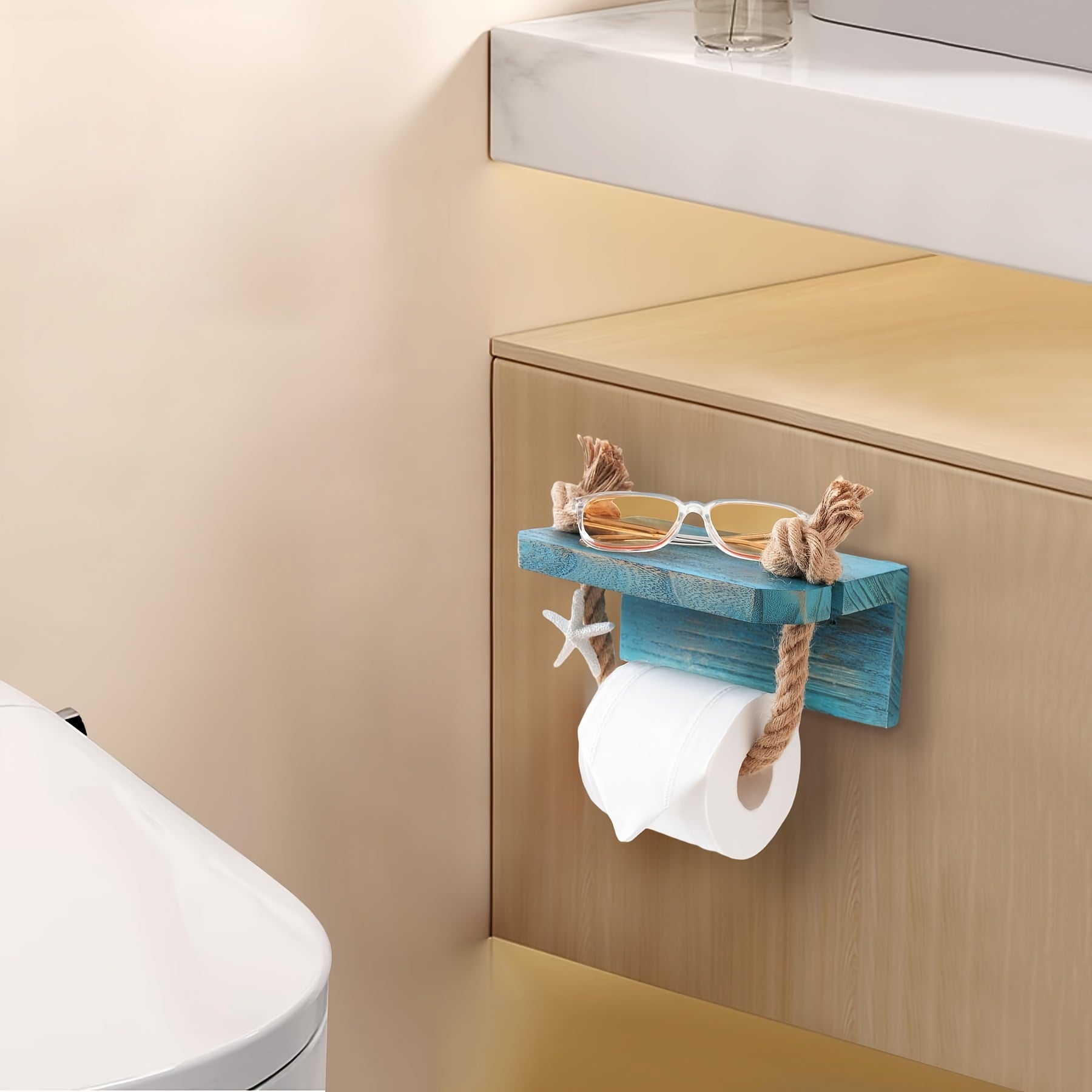 Blue Farmhouse Coastal Beach Rope Toilet Paper Holder with Wood Shelf - Unique Rustic Wall Mount Towel Rack Tissue Roll Holder