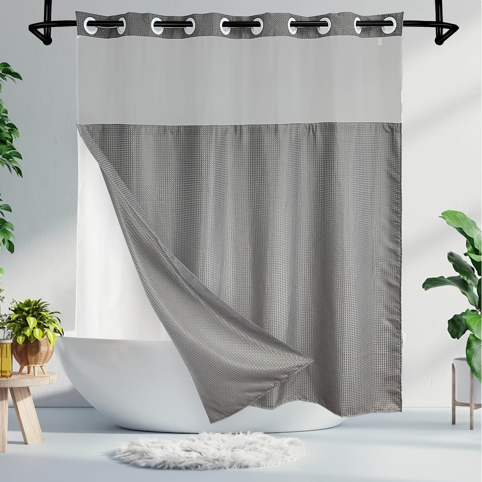 1pc Bathroom Hookless Shower Curtain with Snap-In Fabric Liner, No Hooks Required, Built-In Hooks, Double-Layer Waffle Weave Shower Curtain, Home Décor, 75\