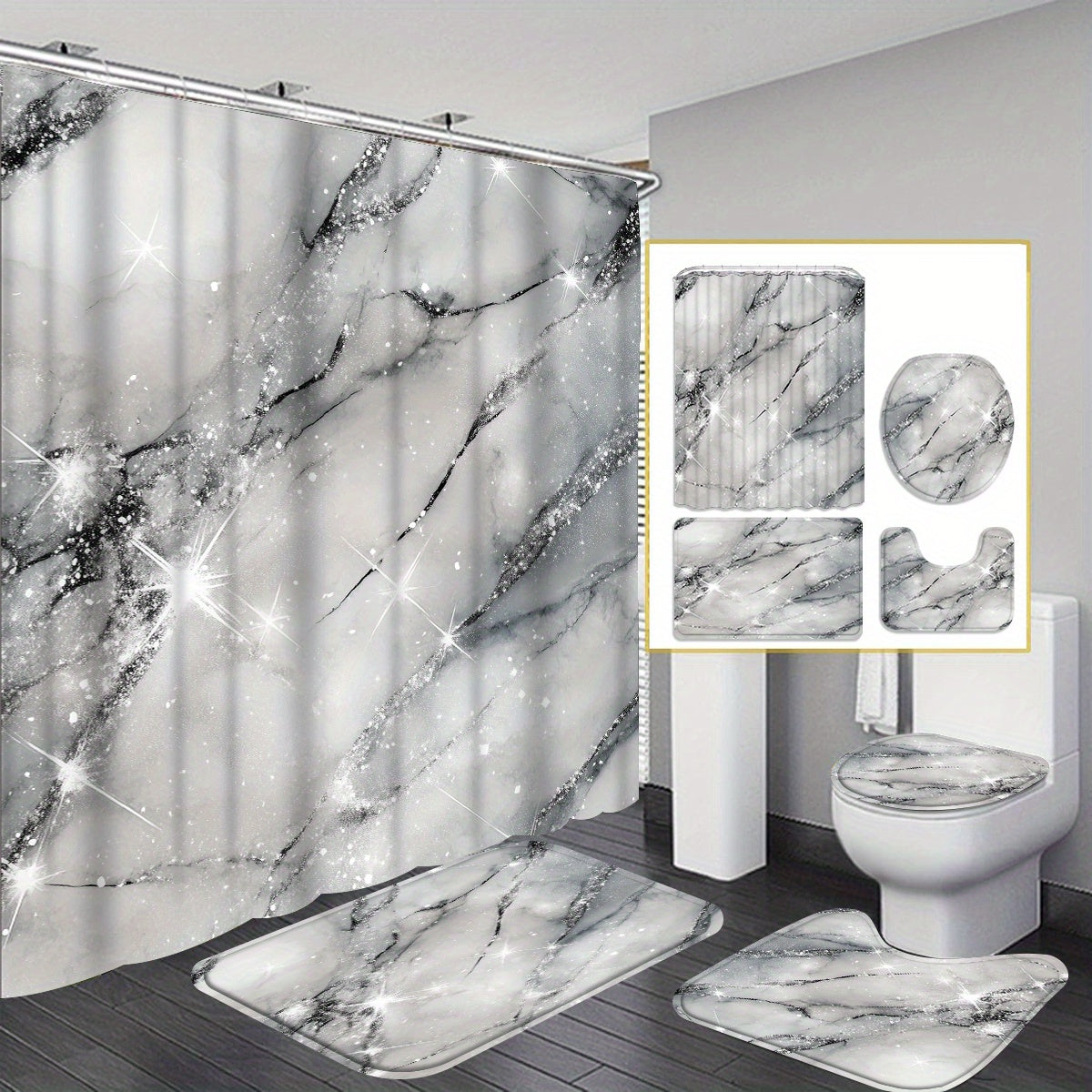 Set of 4pcs Featuring a Starry Stone Design for a Shower Curtain, Designed to Be for Bathtub Separation, Includes a Bathroom Partition Curtain with 12 Hooks, a Non-Slip, a U-Shaped for The Toilet, a Cover for The Toilet Lid