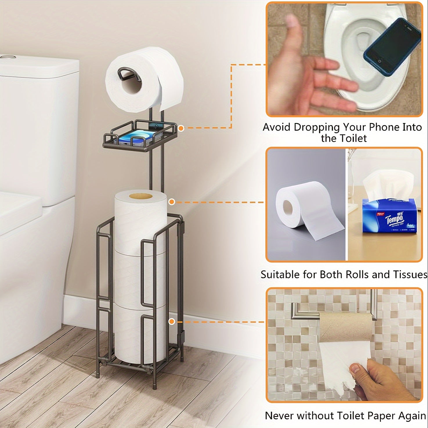 Freestanding Toilet Paper Holder, Metal Trim Freestanding Toilet Paper Roll Holder And Dispenser to Store 3 Extra Rolls Of Reserve Toilet Paper, Christmas