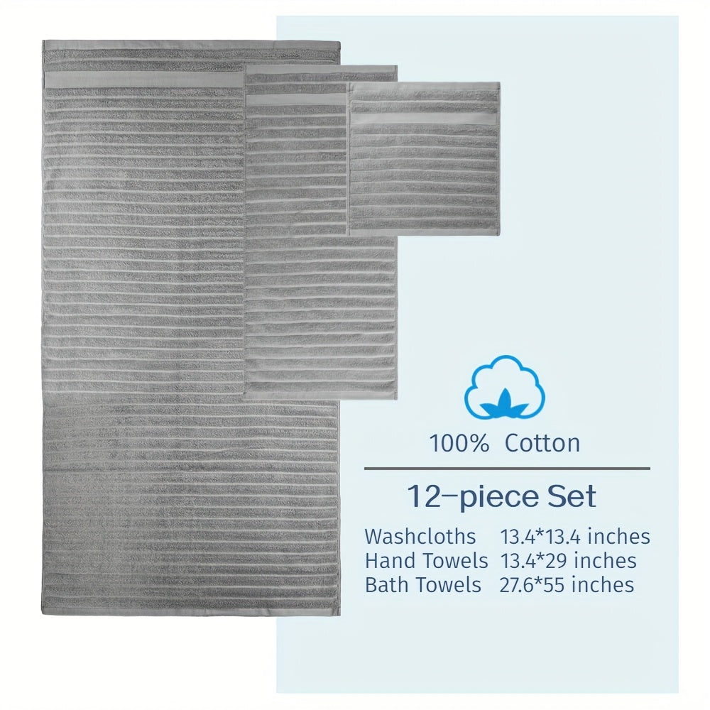 Set of 12 Cotton Towels, Including 4 Washcloths, 4 Hand Towels, And 4 Bath Towels. Ideal for Festive Bathroom Decoration And As Gifts, These Travel Essentials Feature Stripes, a Weight of 400GSM, And Are Quick-Drying, Soft