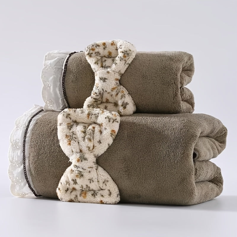 2pcs Retro Rural Style Towel And Bath Towel Set | Modern Minimalist Design, Checkered Pattern, Bow, Floral Embroidery, Super Soft, High Water Absorption, High Quality,, Towel Size 13.39 * 29.53 Inches, Towel Size 27.56 * 55.12 Inches