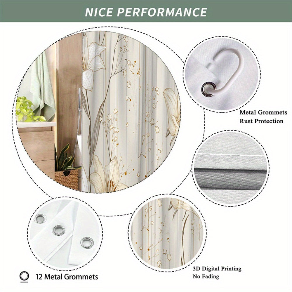 One Piece of a Stylish Cream And Golden Floral Shower Curtain Featuring a Beige And Golden Leaf Design - a Luxurious Polyester Fabric Bathroom Decoration