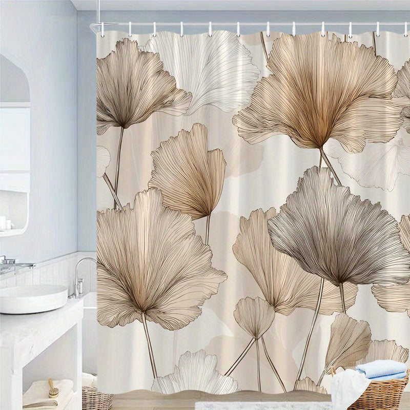 1pc Seamless Botanical Shower Curtain Featuring Overlapping Ginkgo Leaves in Beige, Brown, and Light Gray Tones on Soft Beige Background, Modern Elegant Nature-Inspired Design, Bathroom Decor with 12 Hooks 70x70 Inches Included