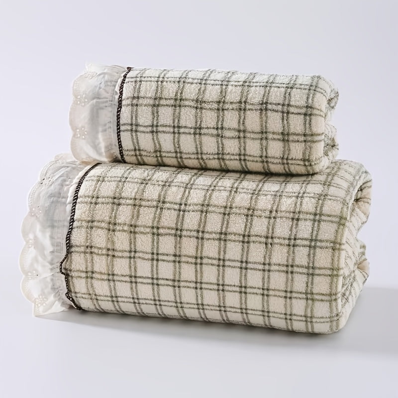 2pcs Retro Rural Style Towel And Bath Towel Set | Modern Minimalist Design, Checkered Pattern, Bow, Floral Embroidery, Super Soft, High Water Absorption, High Quality,, Towel Size 13.39 * 29.53 Inches, Towel Size 27.56 * 55.12 Inches