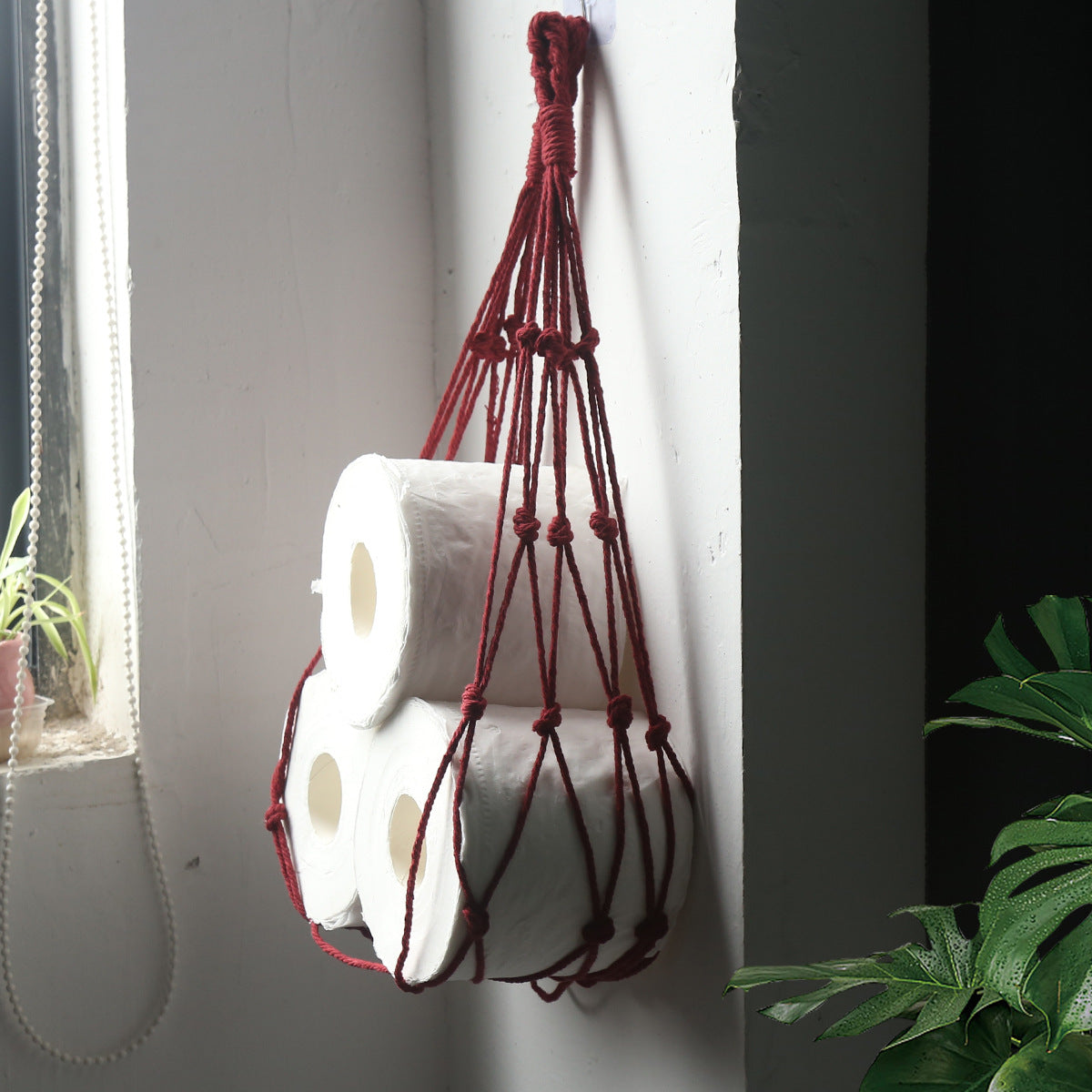 4pcs Rustic Style No-Drill Paper Towel Holder and Towel Rack - Log Bark Bathroom Shelf, Hemp Rope and Wooden Ball System, Farmhouse Style Bathroom Accessory Installation (Compatible with Toilet Paper Rolls), Paper Towel Storage Box, Toilet Paper