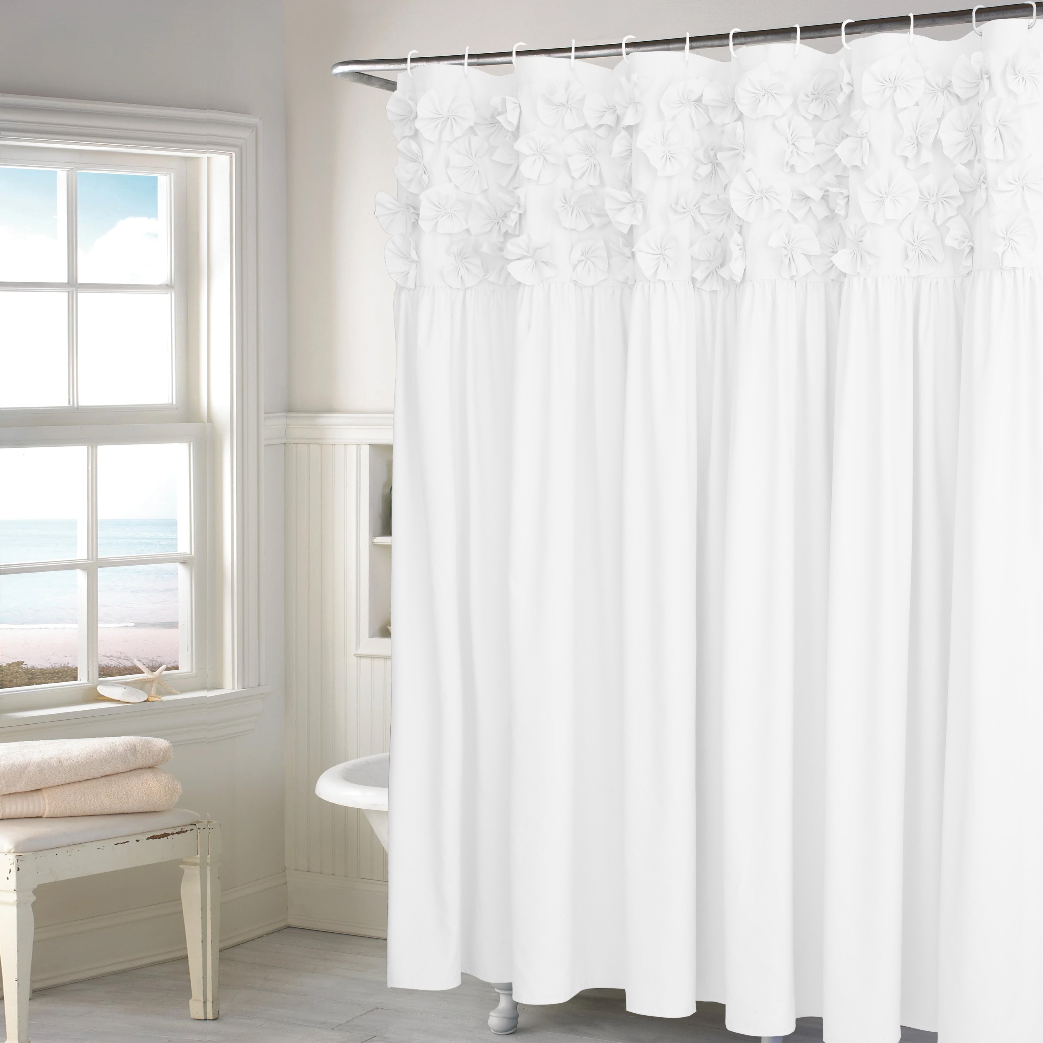 Ruched Microfiber Vintage Handcrafted Butterfly Flowers Bath Curtain for Master Bathroom, with 12 Buttonholes, 72\