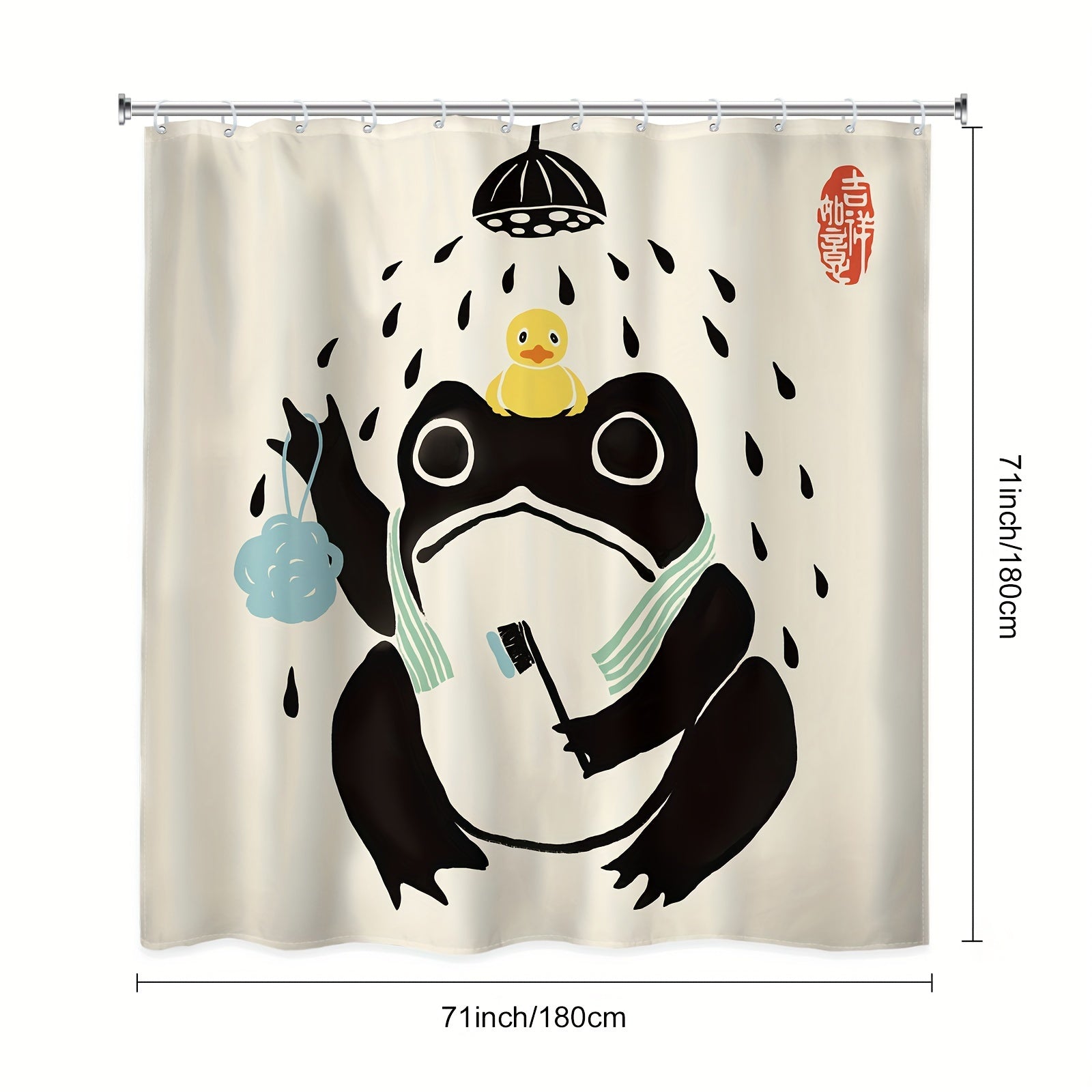 1\u002F4PCS Funny Frog Shower Curtain Set, Including Waterproof Shower Curtain With 12 Plastic Hooks, Bathroom Non-slip Mat, Toilet U-shaped Mat, Cover Mat, Asian Traditional Japanese Art Cute Animal Bath Style Retro Home Decor Bathroom Accessories
