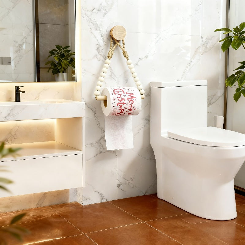 4pcs Rustic Style No-Drill Paper Towel Holder and Towel Rack - Log Bark Bathroom Shelf, Hemp Rope and Wooden Ball System, Farmhouse Style Bathroom Accessory Installation (Compatible with Toilet Paper Rolls), Paper Towel Storage Box, Toilet Paper