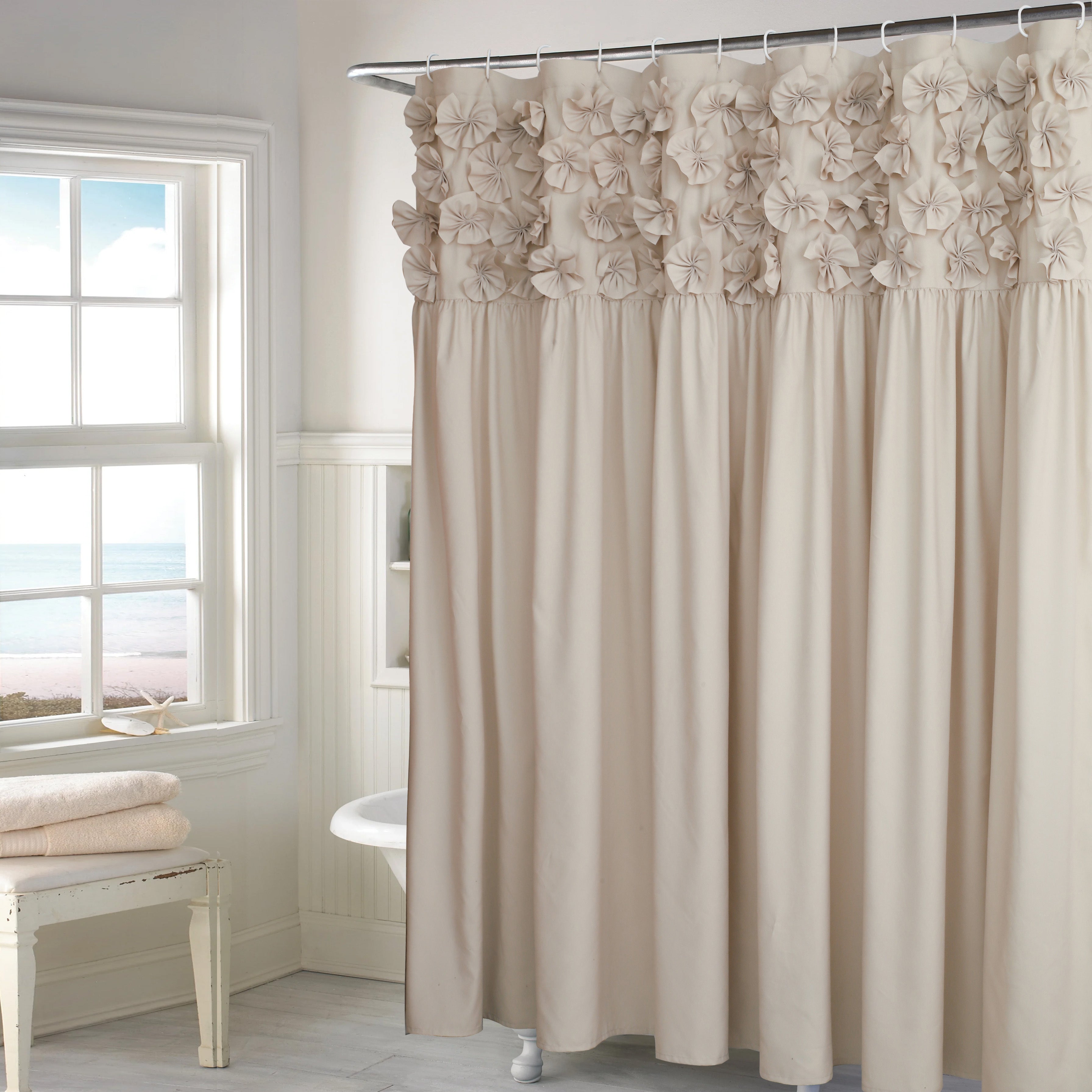 Ruched Microfiber Vintage Handcrafted Butterfly Flowers Bath Curtain for Master Bathroom, with 12 Buttonholes, 72\