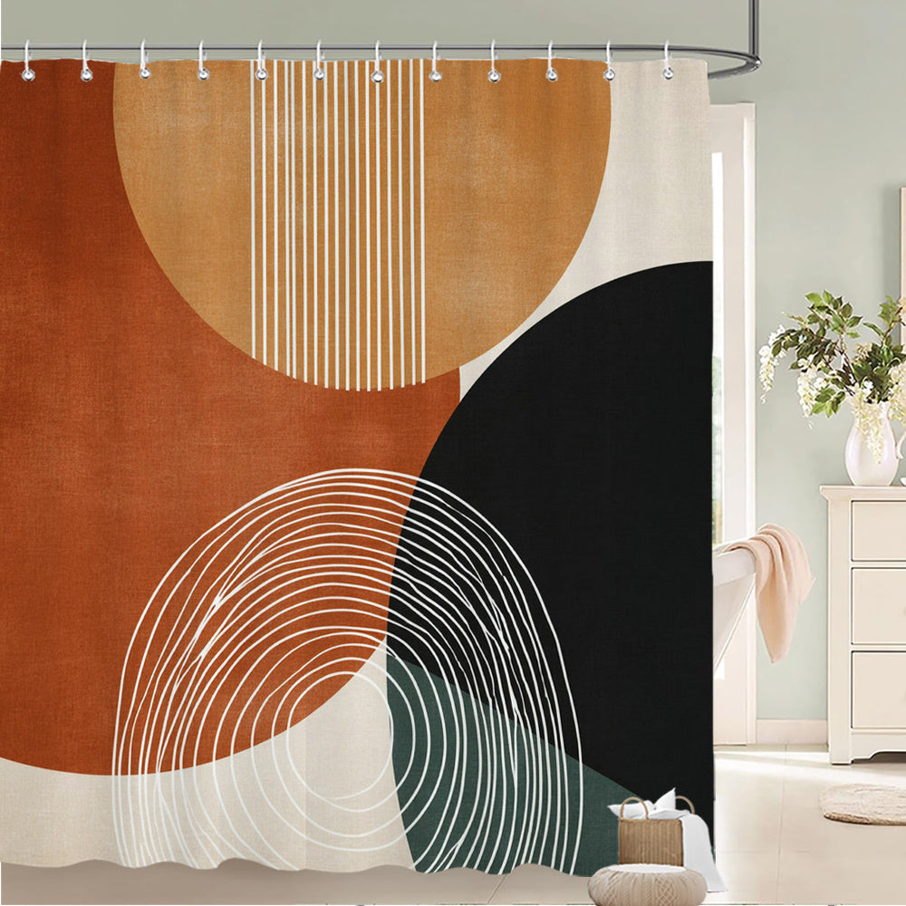 1pc Modern Abstract Shower Curtain - Burnt Orange, Black & Beige Circles with White Spiral Design, Durable Polyester Fabric, Machine Washable Bathroom Decor Includes Hooks, Contemporary Bathroom Accessories, Elegant Shower Curtain, Smooth Texture Fabric