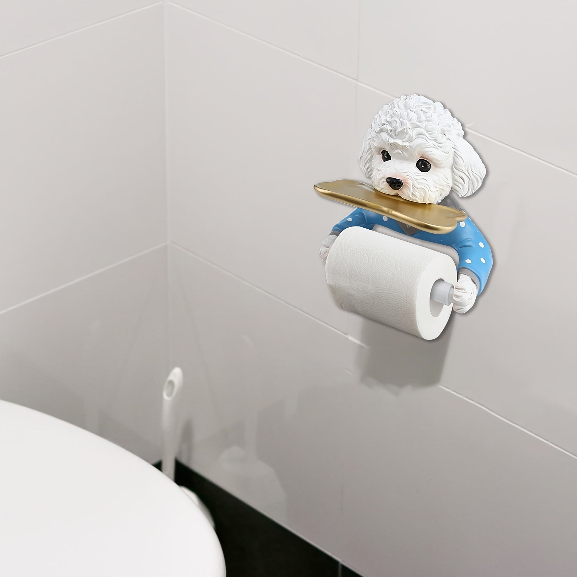 Cute Dog Toilet Paper Holder - Self-Adhesive Wall-Mounted Bathroom Storage with Resin Construction, Space-Saving Toilet Paper Dispenser with Paw Print & Dog Face Design, Easy Installation for Bathroom Decor, Fun Housewarming Gift for Pet Lovers (No