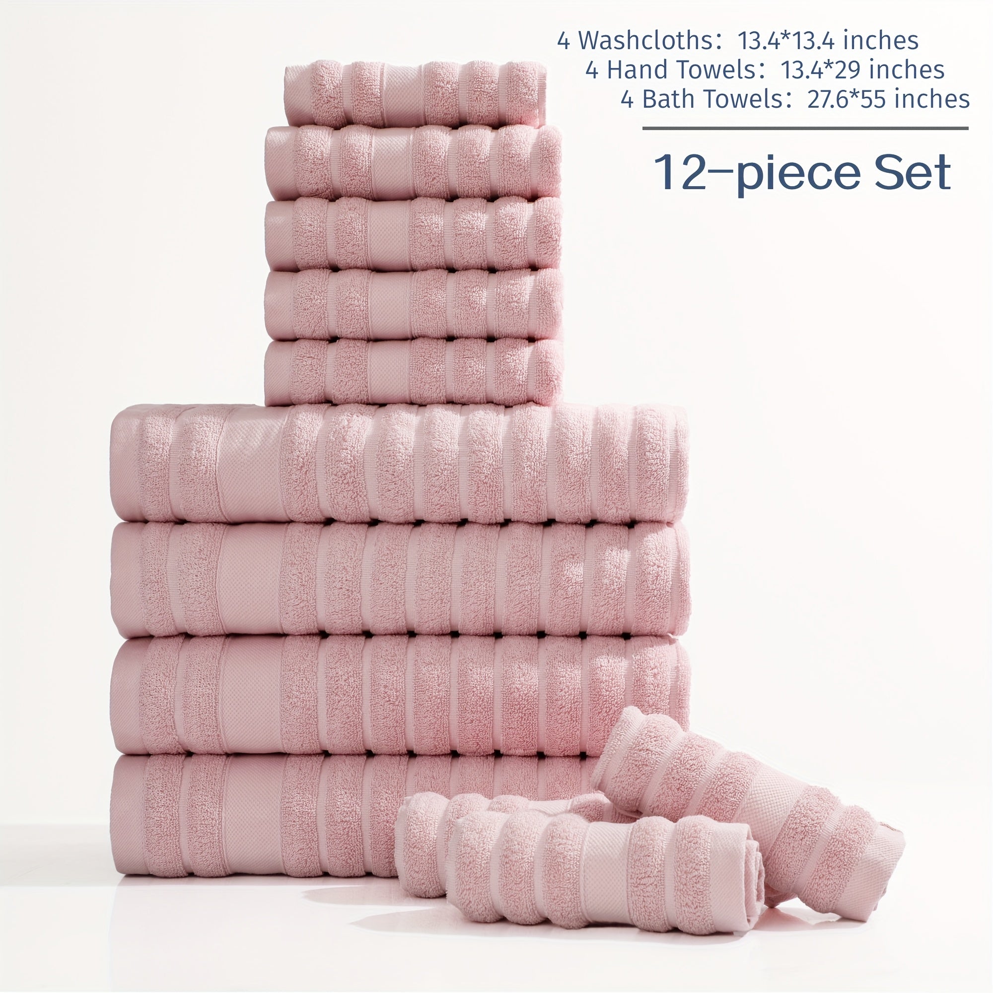 Set of 12 Cotton Towels, Including 4 Washcloths, 4 Hand Towels, And 4 Bath Towels. Ideal for Festive Bathroom Decoration And As Gifts, These Travel Essentials Feature Stripes, a Weight of 400GSM, And Are Quick-Drying, Soft