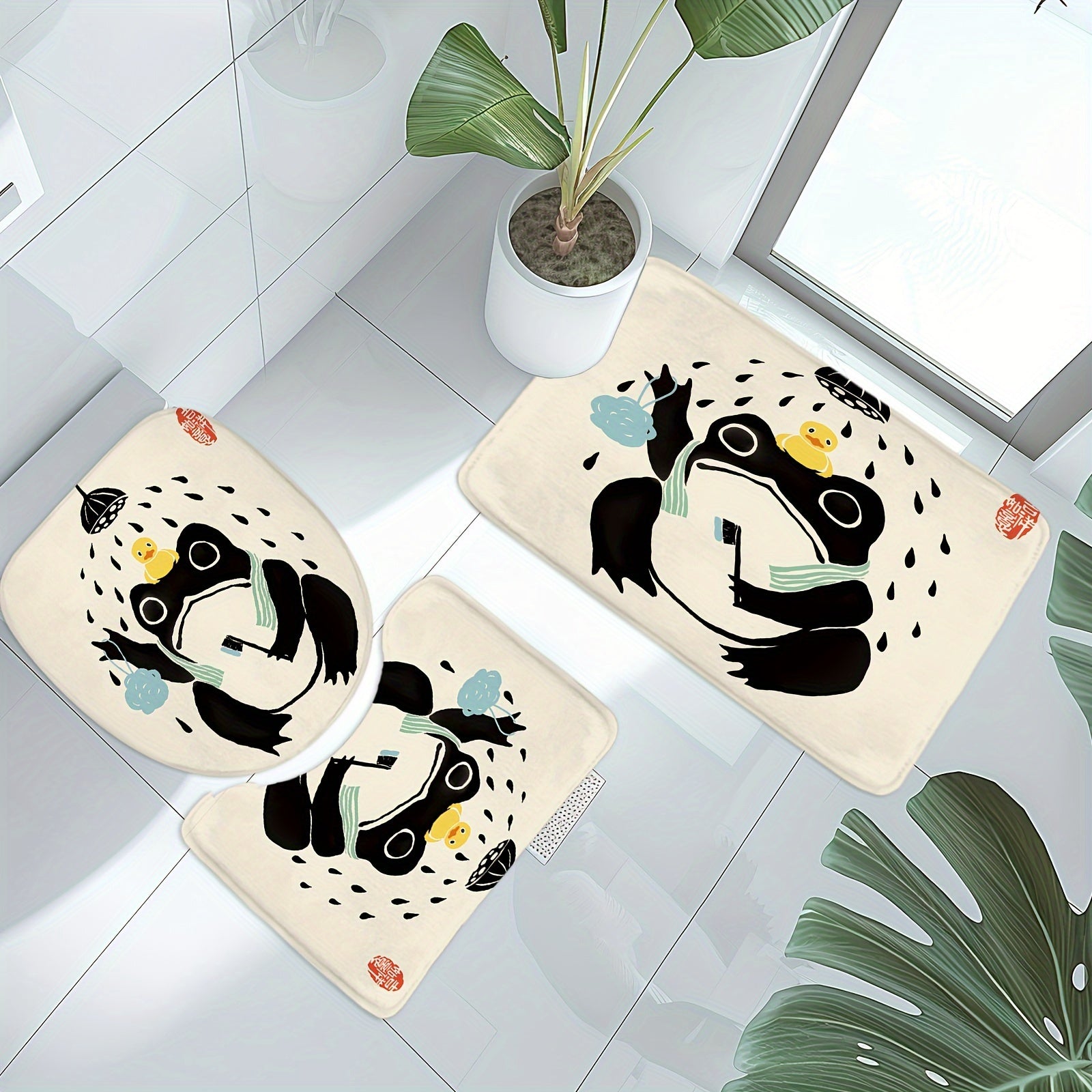 1\u002F4PCS Funny Frog Shower Curtain Set, Including Waterproof Shower Curtain With 12 Plastic Hooks, Bathroom Non-slip Mat, Toilet U-shaped Mat, Cover Mat, Asian Traditional Japanese Art Cute Animal Bath Style Retro Home Decor Bathroom Accessories