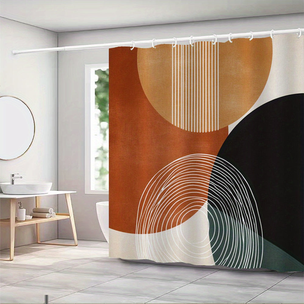 1pc Modern Abstract Shower Curtain - Burnt Orange, Black & Beige Circles with White Spiral Design, Durable Polyester Fabric, Machine Washable Bathroom Decor Includes Hooks, Contemporary Bathroom Accessories, Elegant Shower Curtain, Smooth Texture Fabric