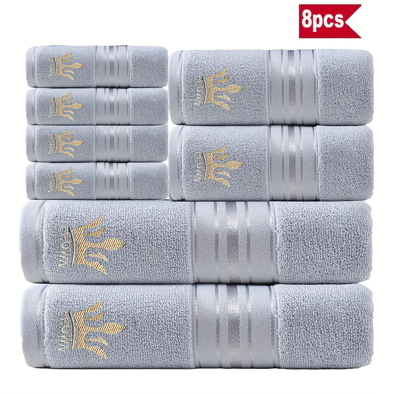 8pcs Luxury Hotel High-Quality Cotton Bath Towel Set, Including 2 Bath Towels, 2 Bath Towels, 4 Washcloth, Soft Skin-friendly Absorbent, Very Suitable For Bathrooms, Hotels, SPA-390GSM Cotton, Crown Embroidery, Wash Cloths
