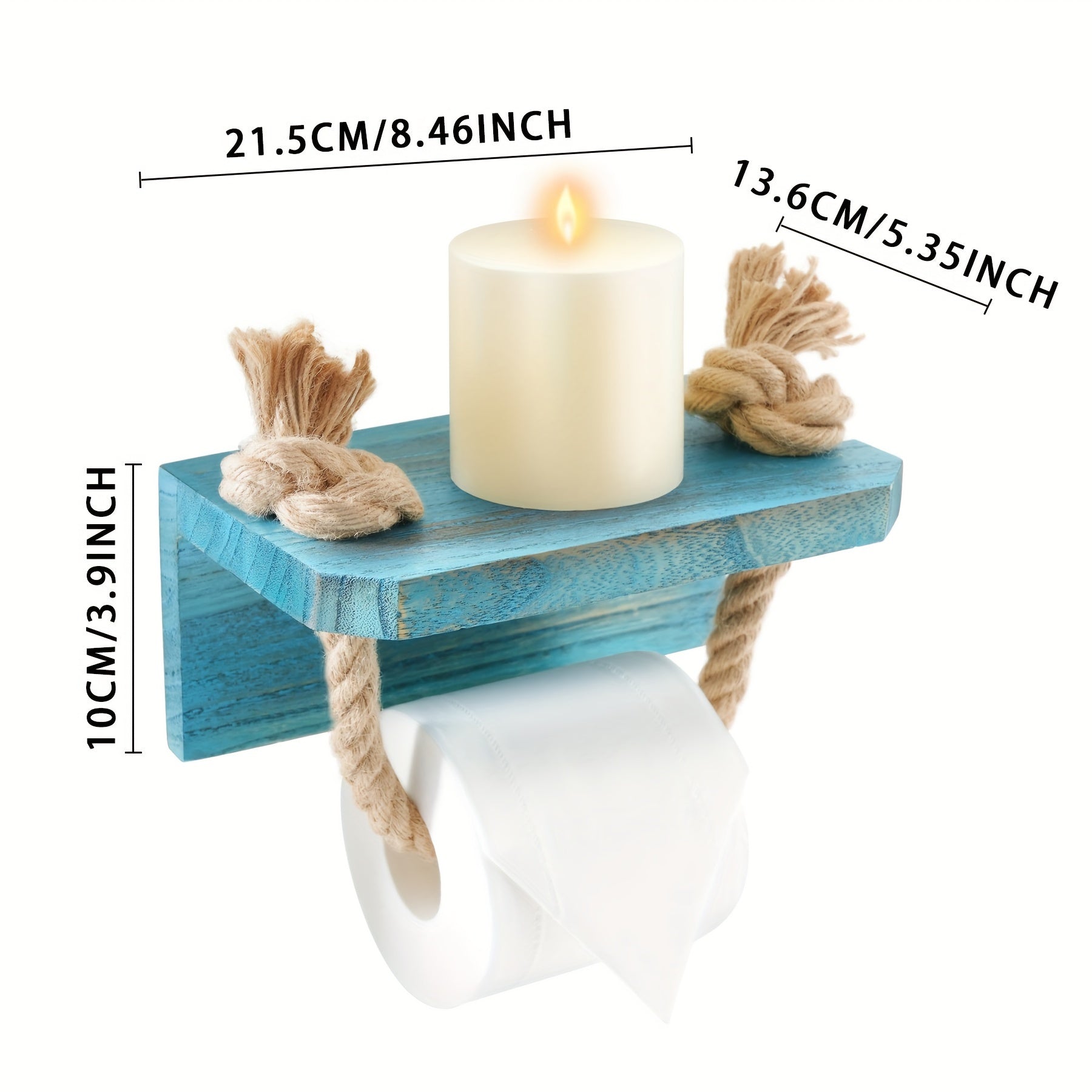 Blue Farmhouse Coastal Beach Rope Toilet Paper Holder with Wood Shelf - Unique Rustic Wall Mount Towel Rack Tissue Roll Holder