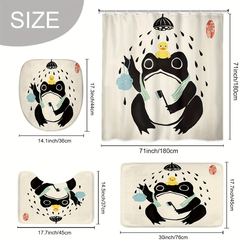 1\u002F4PCS Funny Frog Shower Curtain Set, Including Waterproof Shower Curtain With 12 Plastic Hooks, Bathroom Non-slip Mat, Toilet U-shaped Mat, Cover Mat, Asian Traditional Japanese Art Cute Animal Bath Style Retro Home Decor Bathroom Accessories