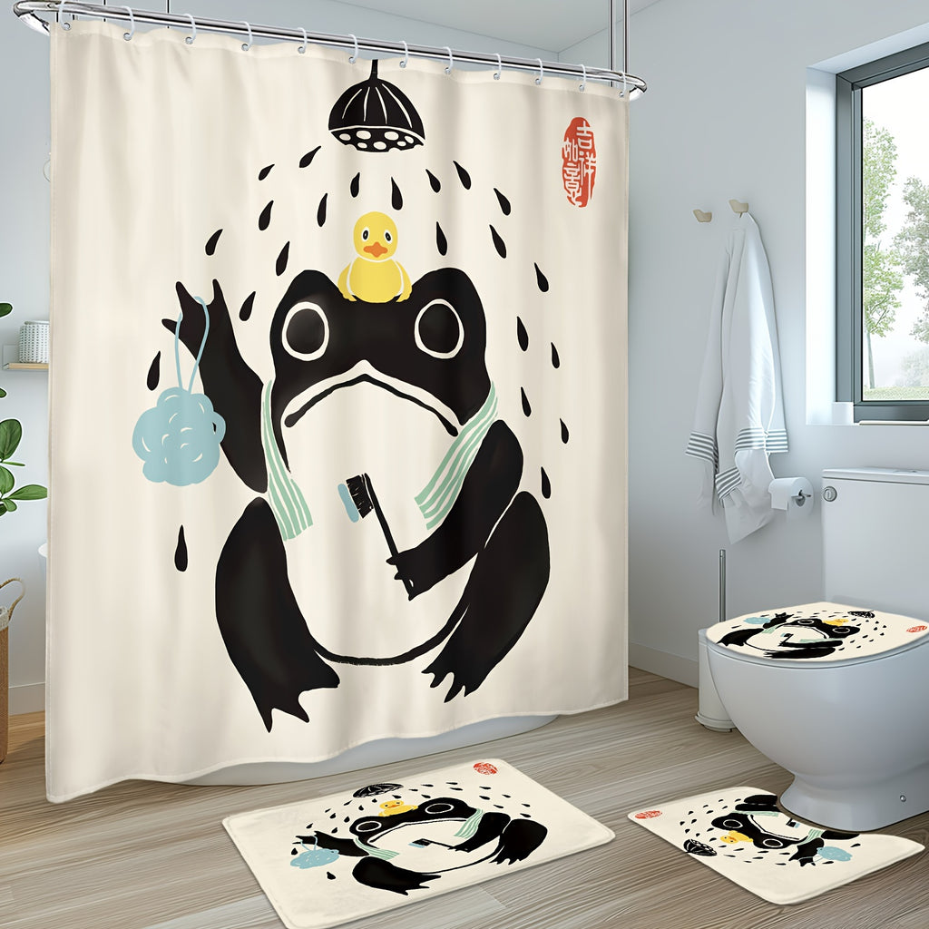 1\u002F4PCS Funny Frog Shower Curtain Set, Including Waterproof Shower Curtain With 12 Plastic Hooks, Bathroom Non-slip Mat, Toilet U-shaped Mat, Cover Mat, Asian Traditional Japanese Art Cute Animal Bath Style Retro Home Decor Bathroom Accessories