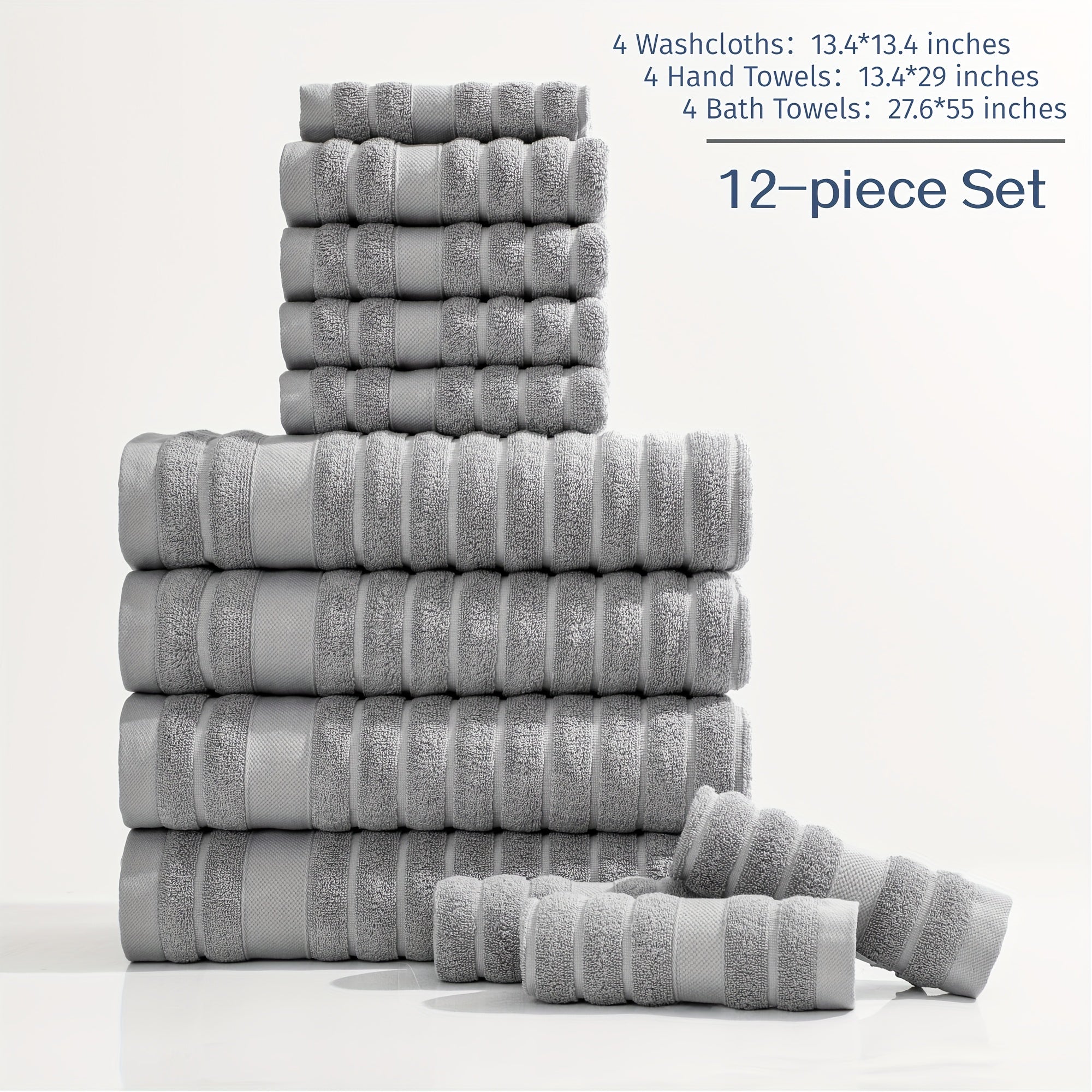Set of 12 Cotton Towels, Including 4 Washcloths, 4 Hand Towels, And 4 Bath Towels. Ideal for Festive Bathroom Decoration And As Gifts, These Travel Essentials Feature Stripes, a Weight of 400GSM, And Are Quick-Drying, Soft