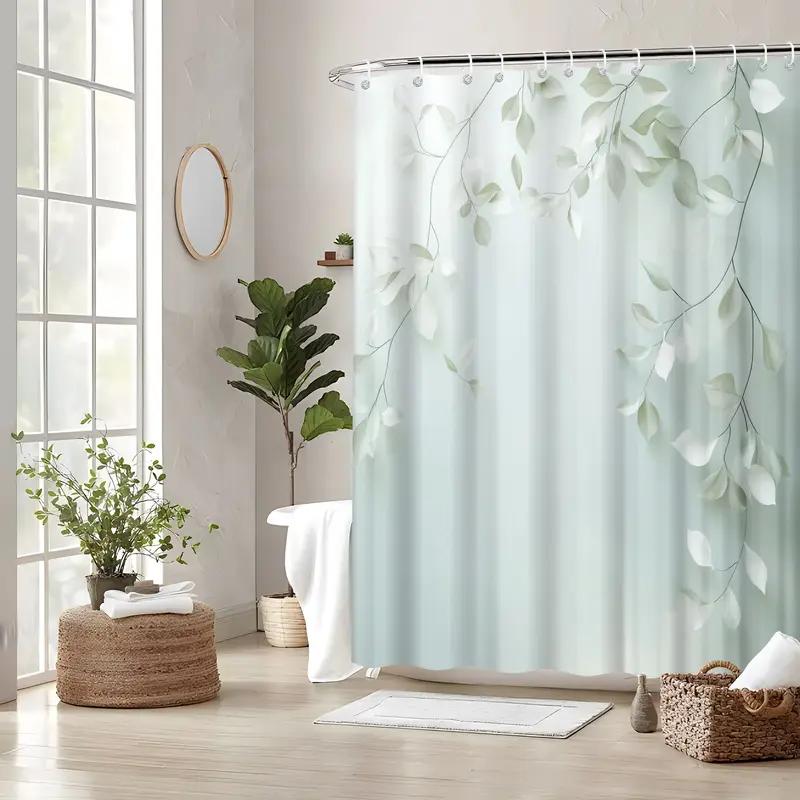 1pc Modern Botanical Leaf & Branch Shower Curtain - Light Green Foliage on White, No-Drill Installation with Wide Ring Top, Machine Washable Elegant Bathroom Decor for bathtub or shower Enclosure Divider, Digitally Printed Harmonious