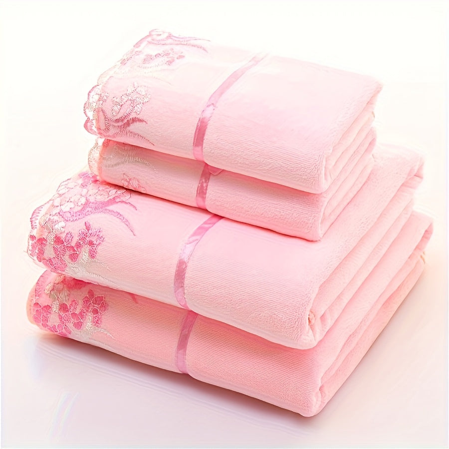 4 Lace Embroidered Towel Set, Household Microfiber Towel, Soft Hand Towel Bath Towel, Bath Towel Set, Bathroom Absorbent Towel, 2 Bath Towels And 2 Hand Towels, Bathroom Supplies, Wash Cloths