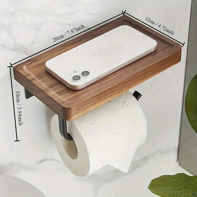 Elegant Toilet Paper Holder Elegant Walnut Wood & Black Metal Toilet Paper Holder with Smartphone Shelf - Small\u002FLarge, Self-Adhesive, Wall-Mounted Bathroom Tissue Dispenser for Stylish Storage, Bathroom Organizers And Storage