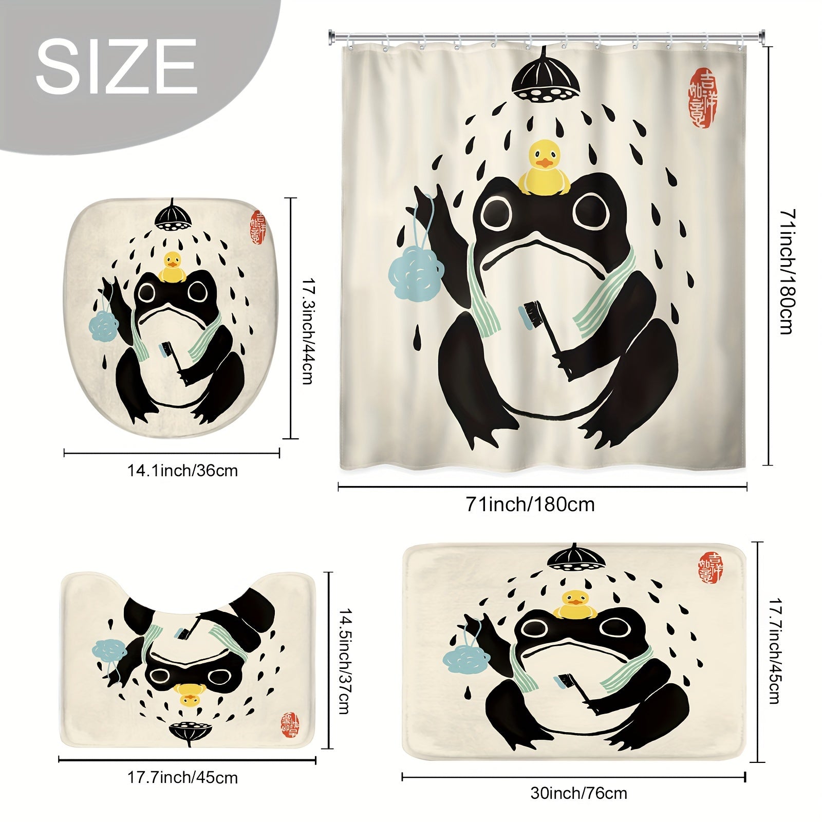 1\u002F4PCS Funny Frog Shower Curtain Set, Including Waterproof Shower Curtain With 12 Plastic Hooks, Bathroom Non-slip Mat, Toilet U-shaped Mat, Cover Mat, Asian Traditional Japanese Art Cute Animal Bath Style Retro Home Decor Bathroom Accessories