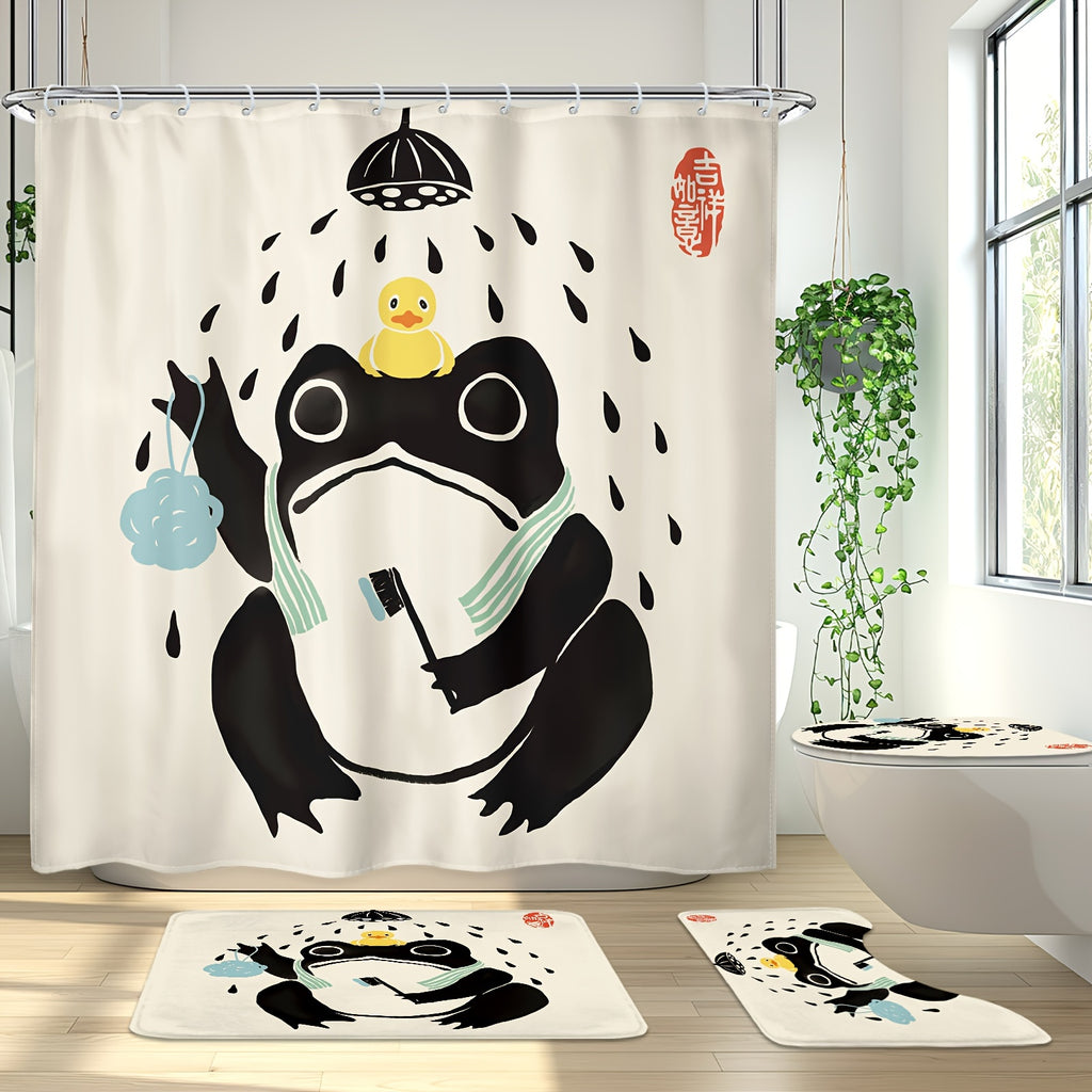1\u002F4PCS Funny Frog Shower Curtain Set, Including Waterproof Shower Curtain With 12 Plastic Hooks, Bathroom Non-slip Mat, Toilet U-shaped Mat, Cover Mat, Asian Traditional Japanese Art Cute Animal Bath Style Retro Home Decor Bathroom Accessories