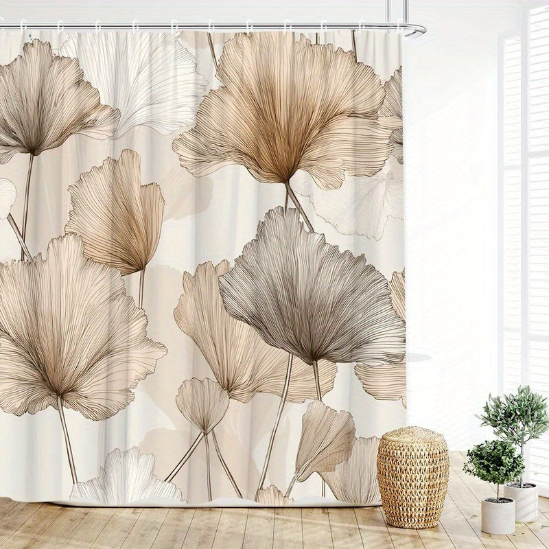 1pc Seamless Botanical Shower Curtain Featuring Overlapping Ginkgo Leaves in Beige, Brown, and Light Gray Tones on Soft Beige Background, Modern Elegant Nature-Inspired Design, Bathroom Decor with 12 Hooks 70x70 Inches Included