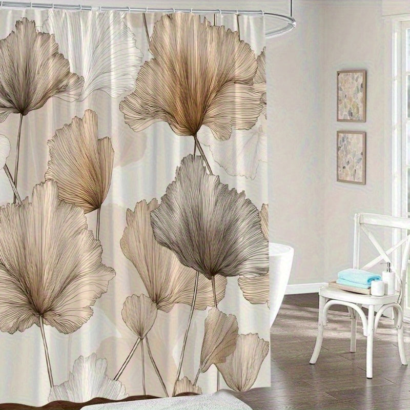 1pc Seamless Botanical Shower Curtain Featuring Overlapping Ginkgo Leaves in Beige, Brown, and Light Gray Tones on Soft Beige Background, Modern Elegant Nature-Inspired Design, Bathroom Decor with 12 Hooks 70x70 Inches Included