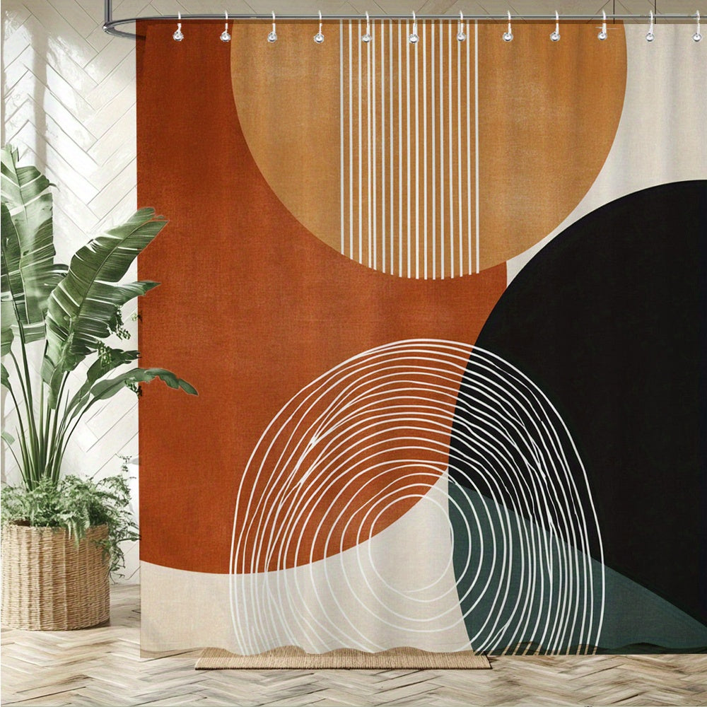 1pc Modern Abstract Shower Curtain - Burnt Orange, Black & Beige Circles with White Spiral Design, Durable Polyester Fabric, Machine Washable Bathroom Decor Includes Hooks, Contemporary Bathroom Accessories, Elegant Shower Curtain, Smooth Texture Fabric