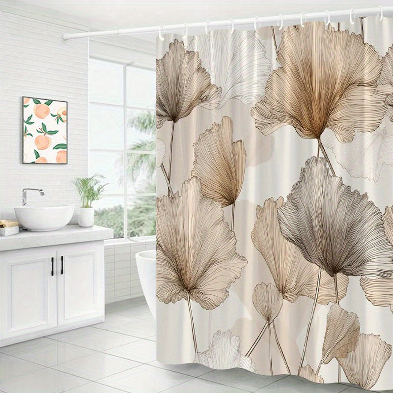 1pc Seamless Botanical Shower Curtain Featuring Overlapping Ginkgo Leaves in Beige, Brown, and Light Gray Tones on Soft Beige Background, Modern Elegant Nature-Inspired Design, Bathroom Decor with 12 Hooks 70x70 Inches Included