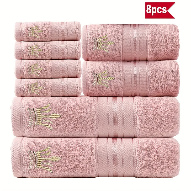 8pcs Luxury Hotel High-Quality Cotton Bath Towel Set, Including 2 Bath Towels, 2 Bath Towels, 4 Washcloth, Soft Skin-friendly Absorbent, Very Suitable For Bathrooms, Hotels, SPA-390GSM Cotton, Crown Embroidery, Wash Cloths