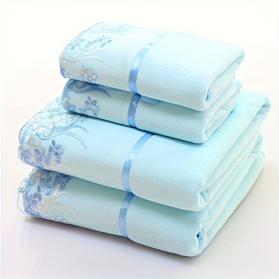 4 Lace Embroidered Towel Set, Household Microfiber Towel, Soft Hand Towel Bath Towel, Bath Towel Set, Bathroom Absorbent Towel, 2 Bath Towels And 2 Hand Towels, Bathroom Supplies, Wash Cloths