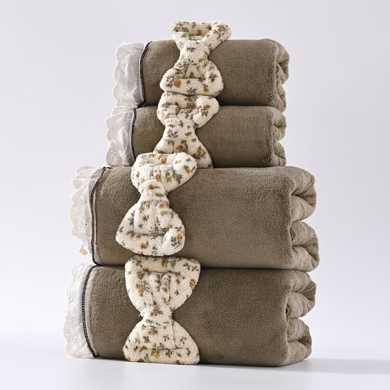 2pcs Retro Rural Style Towel And Bath Towel Set | Modern Minimalist Design, Checkered Pattern, Bow, Floral Embroidery, Super Soft, High Water Absorption, High Quality,, Towel Size 13.39 * 29.53 Inches, Towel Size 27.56 * 55.12 Inches