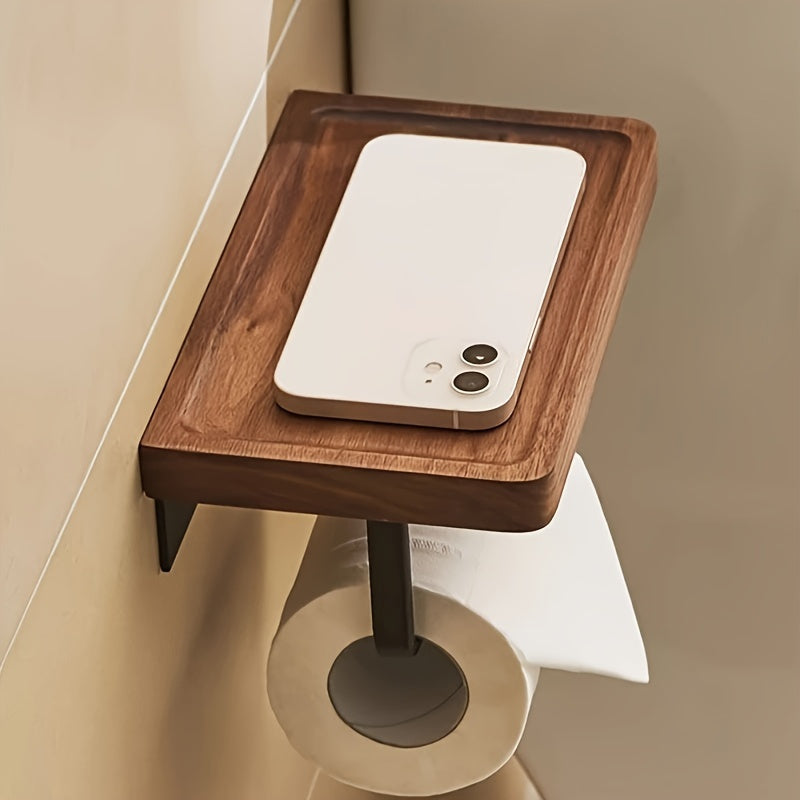 Elegant Toilet Paper Holder Elegant Walnut Wood & Black Metal Toilet Paper Holder with Smartphone Shelf - Small\u002FLarge, Self-Adhesive, Wall-Mounted Bathroom Tissue Dispenser for Stylish Storage, Bathroom Organizers And Storage