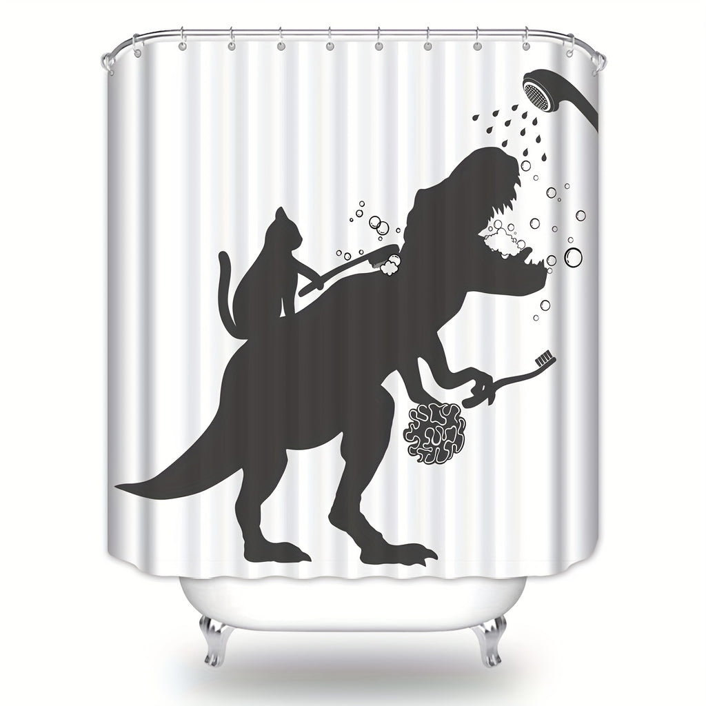 Cat Dinosaur Shower Curtain Funny Cat Help Dino Bathe For Boys Trex Silhouette Shadow Black White Bathroom Waterproof Polyester Fabric 60Wx72L Inch With 12pcs Plastic Hooks