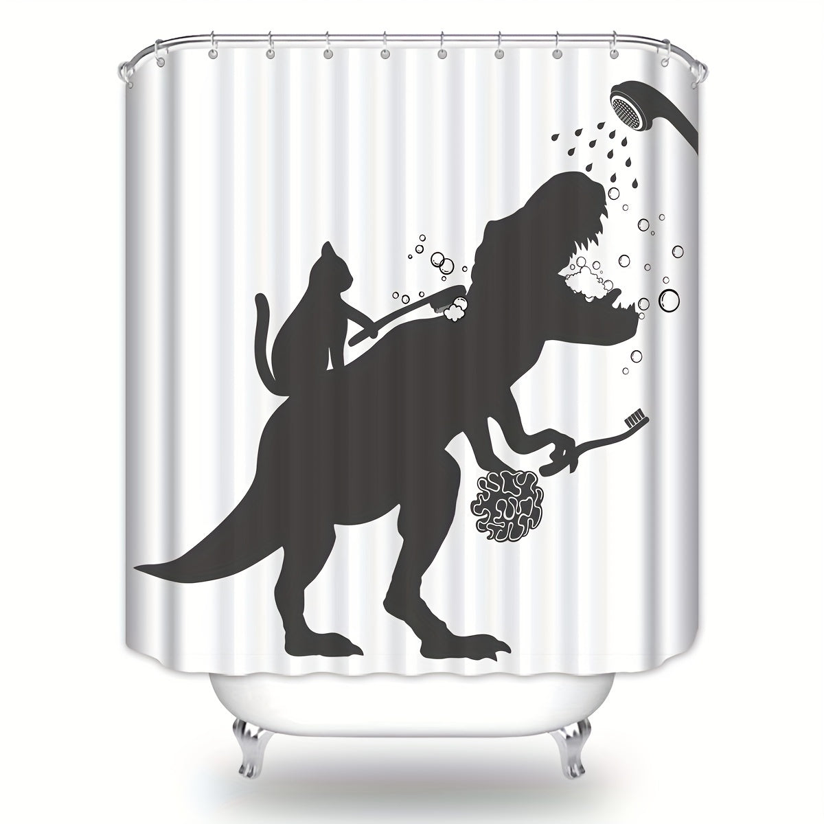 Cat Dinosaur Shower Curtain Funny Cat Help Dino Bathe For Boys Trex Silhouette Shadow Black White Bathroom Waterproof Polyester Fabric 60Wx72L Inch With 12pcs Plastic Hooks