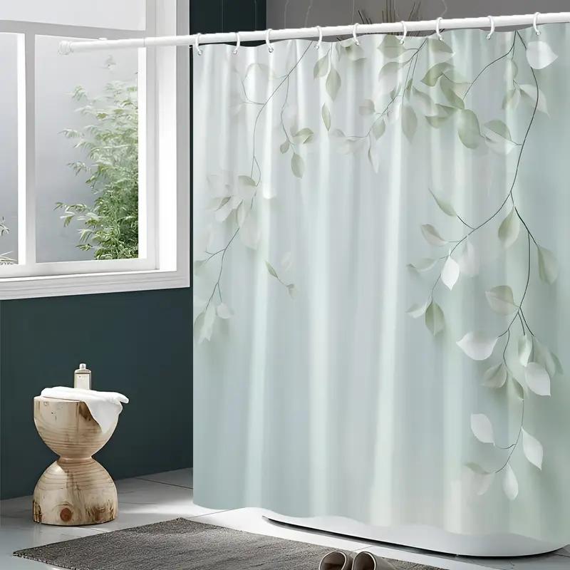 1pc Modern Botanical Leaf & Branch Shower Curtain - Light Green Foliage on White, No-Drill Installation with Wide Ring Top, Machine Washable Elegant Bathroom Decor for bathtub or shower Enclosure Divider, Digitally Printed Harmonious
