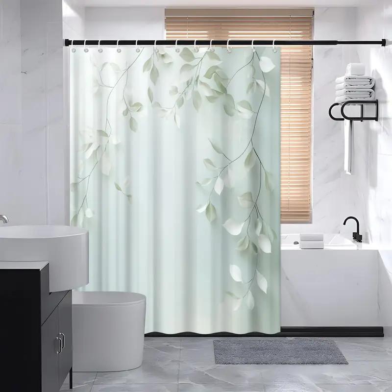 1pc Modern Botanical Leaf & Branch Shower Curtain - Light Green Foliage on White, No-Drill Installation with Wide Ring Top, Machine Washable Elegant Bathroom Decor for bathtub or shower Enclosure Divider, Digitally Printed Harmonious