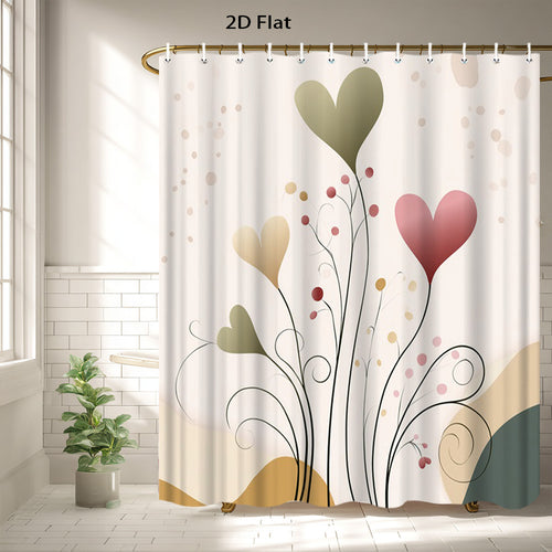 1pc 2D Flat Valentine Day Shower Curtain | Heart Floral Design Modern Artistic Theme, Polyester Fabric, 70.8x70.8 Inch with 12 Hooks, Machine Washable, Elegant Home Aesthetic