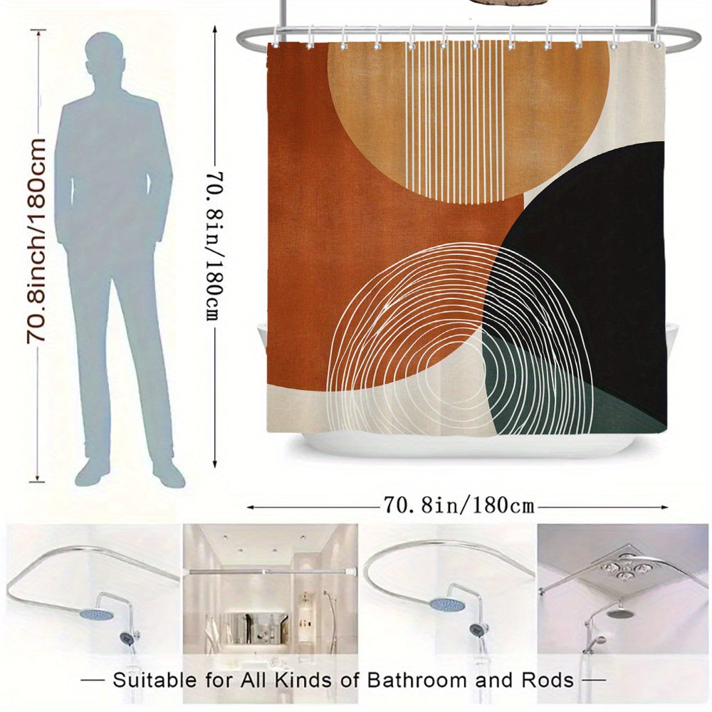 1pc Modern Abstract Shower Curtain - Burnt Orange, Black & Beige Circles with White Spiral Design, Durable Polyester Fabric, Machine Washable Bathroom Decor Includes Hooks, Contemporary Bathroom Accessories, Elegant Shower Curtain, Smooth Texture Fabric