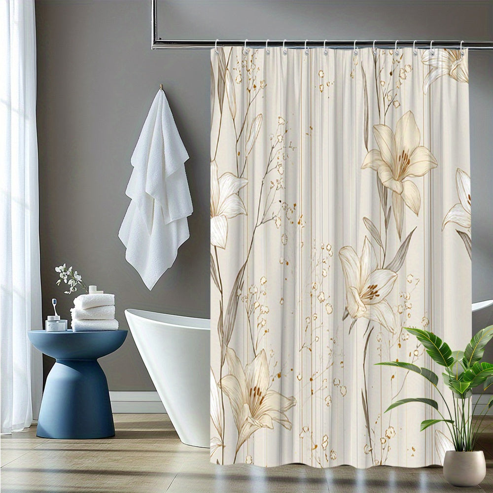 One Piece of a Stylish Cream And Golden Floral Shower Curtain Featuring a Beige And Golden Leaf Design - a Luxurious Polyester Fabric Bathroom Decoration