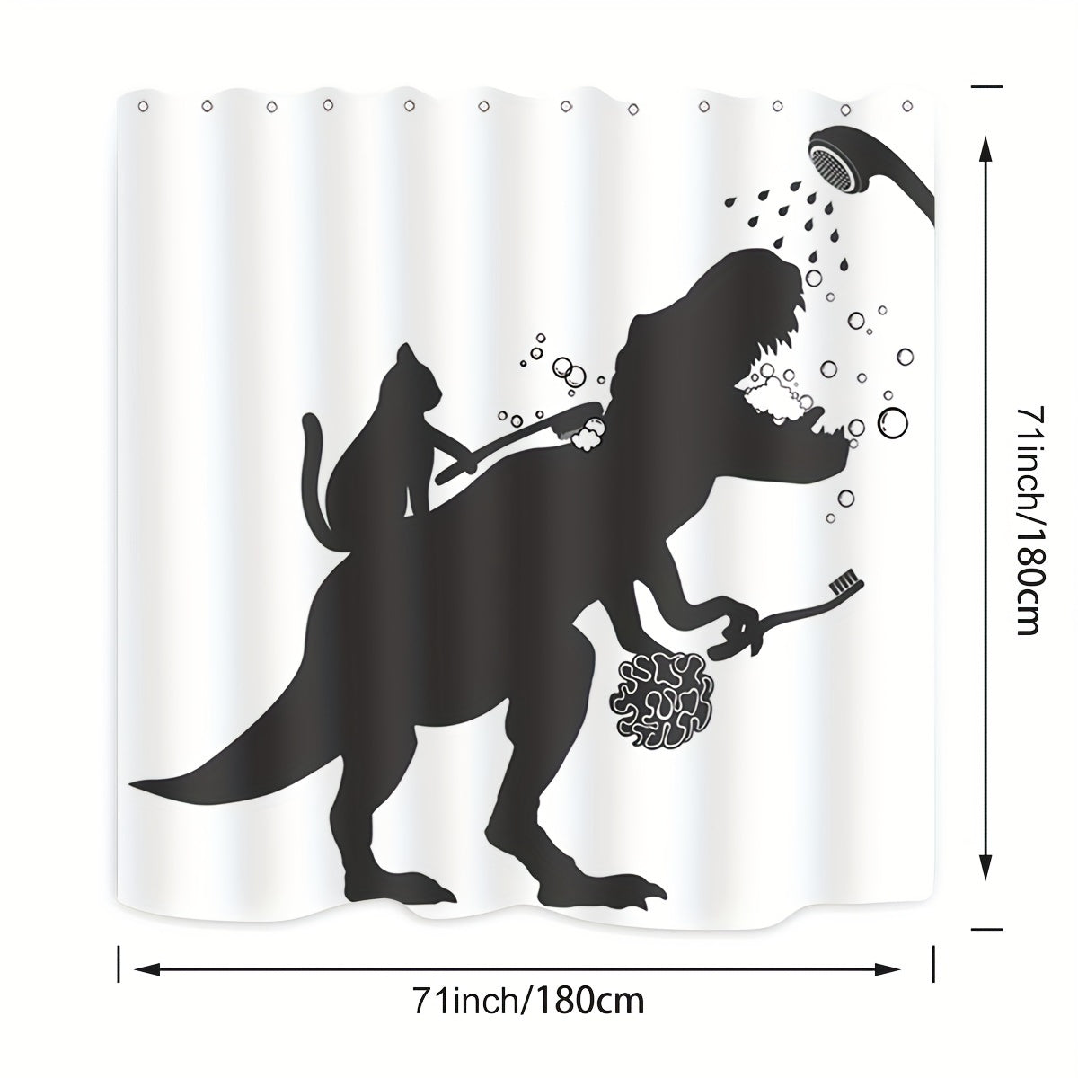 Cat Dinosaur Shower Curtain Funny Cat Help Dino Bathe For Boys Trex Silhouette Shadow Black White Bathroom Waterproof Polyester Fabric 60Wx72L Inch With 12pcs Plastic Hooks